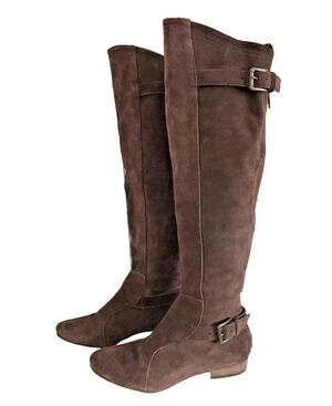 JOIE Many Roads Over The Knee Brown Suede Flat Boots Buckle Zipper 37 6.5